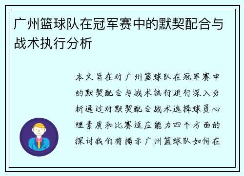 广州篮球队在冠军赛中的默契配合与战术执行分析